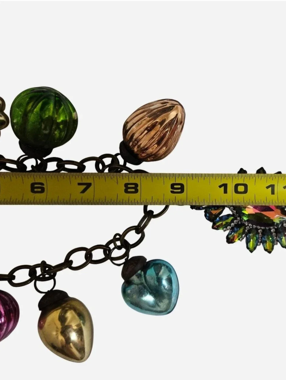 Vintage Style Holiday Charm Necklace Christmas Bulbs AB Rhinestone Brass Tone